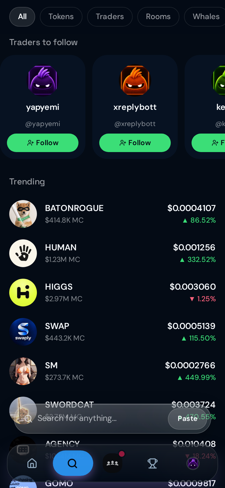 New and trending coins in YAP search.