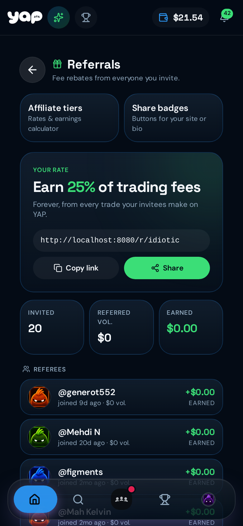 The referrals screen in the YAP app